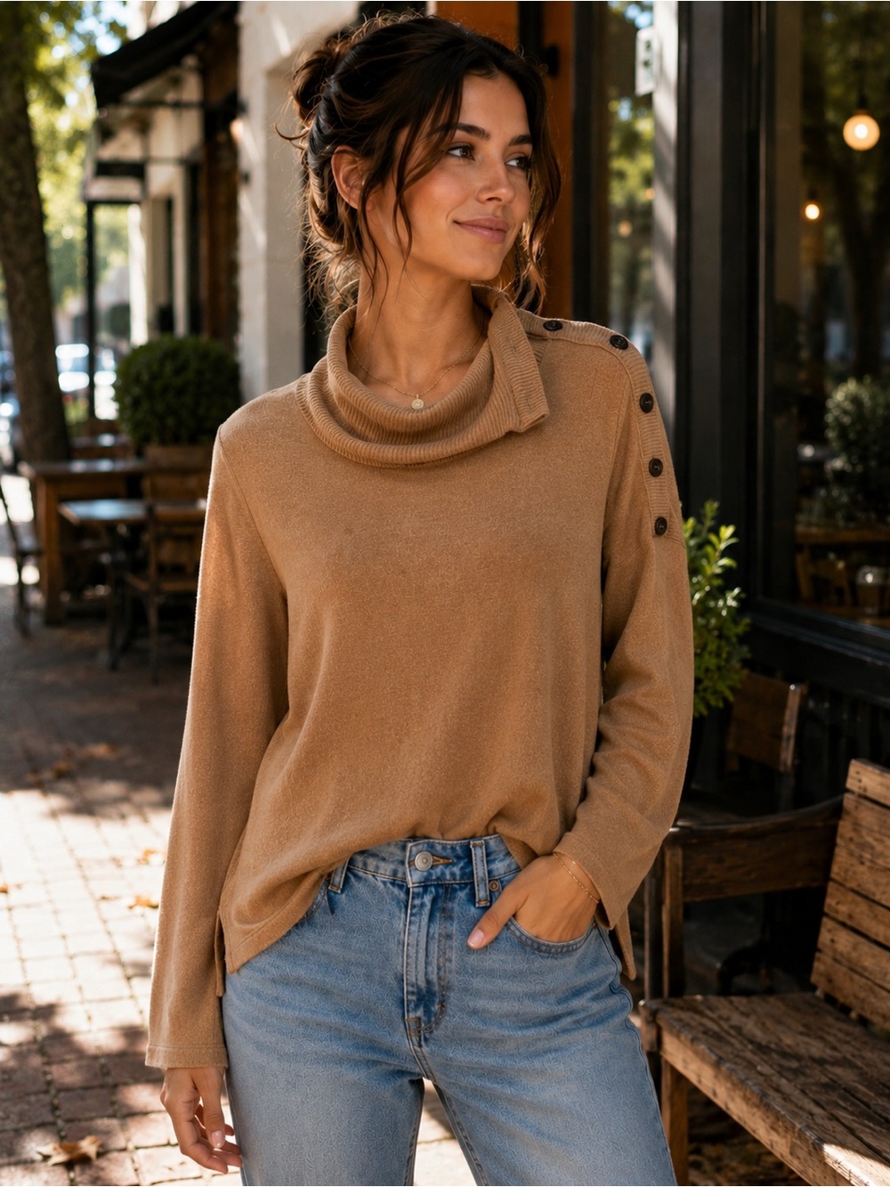 Michael Stars Camel Cowl Neck Button Shoulder Oversized Sweater Top M